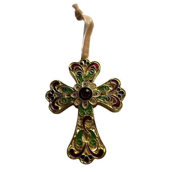 Pier 1 Imports Cloisonné Gold Tone Decorative Cross Ornament With Ribbon Hanger - Picture 7 of 8